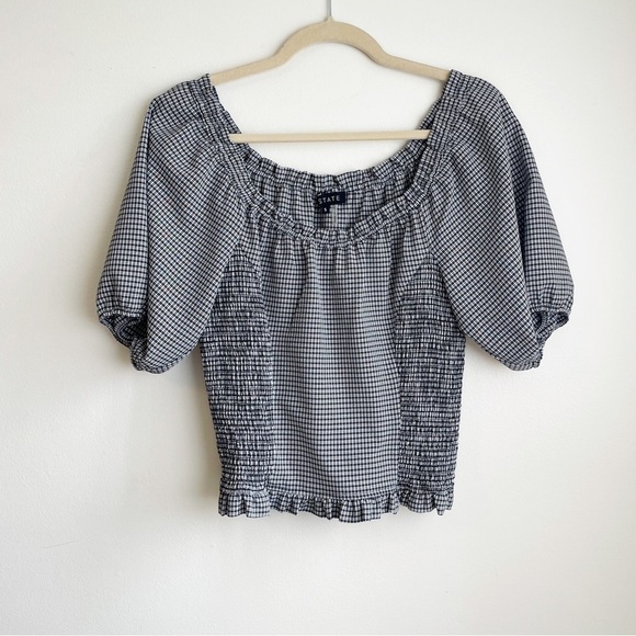 1 State prairie puff sleeve milkmaid blouse plaid gingham country preppy smocked - Picture 2 of 6